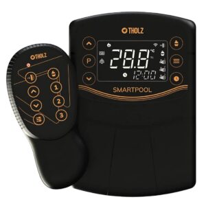 Controlador Smart Pool MTZ1462N Tholz para automação de piscina residencial, módulo digital para controle de filtragem, iluminação e equipamentos da piscina.