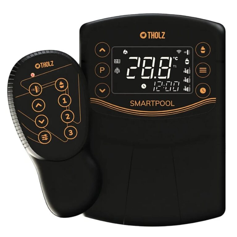 Controlador Smart Pool MTZ1462N Tholz para automação de piscina residencial, módulo digital para controle de filtragem, iluminação e equipamentos da piscina.